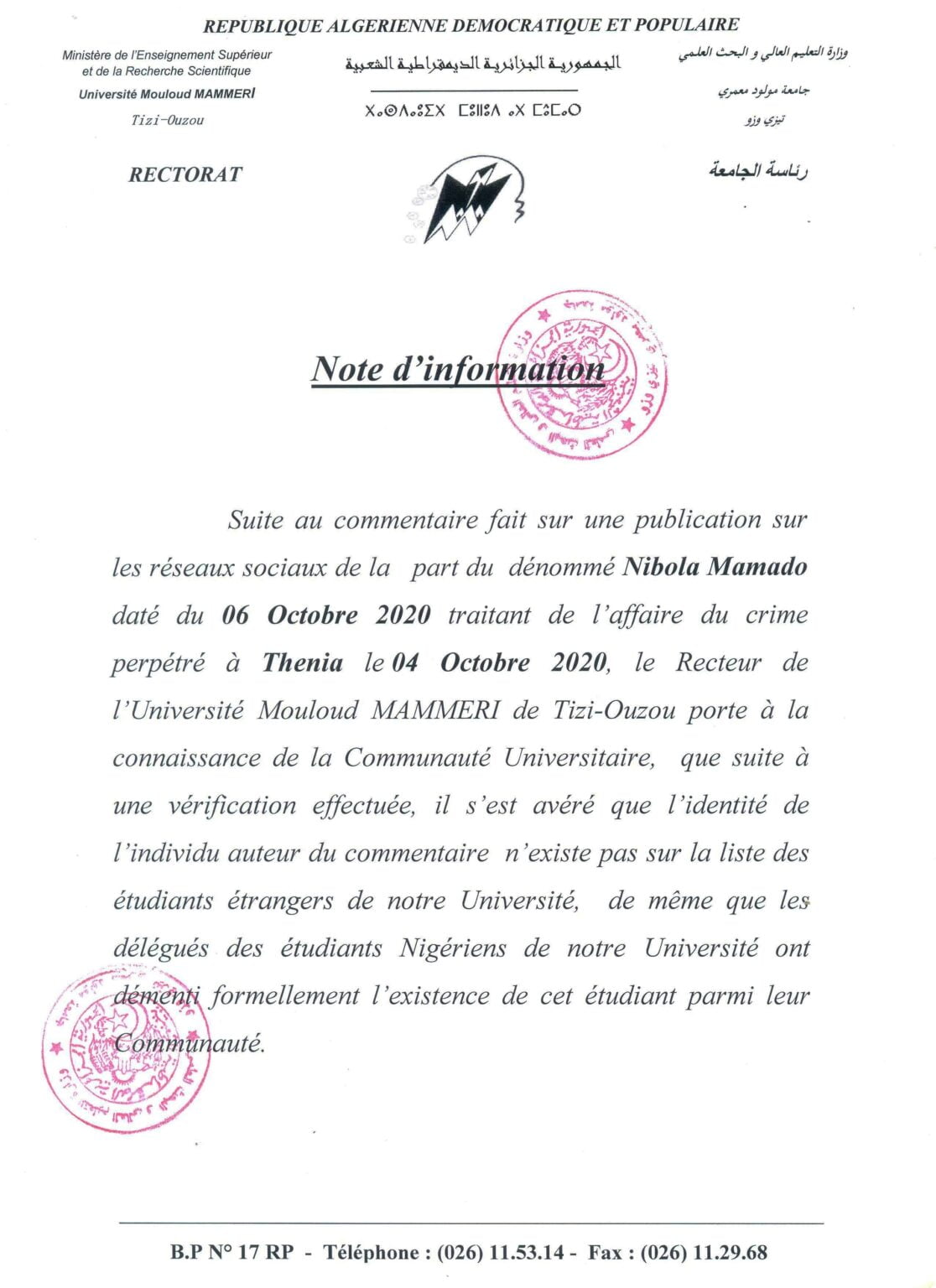 note dinformation