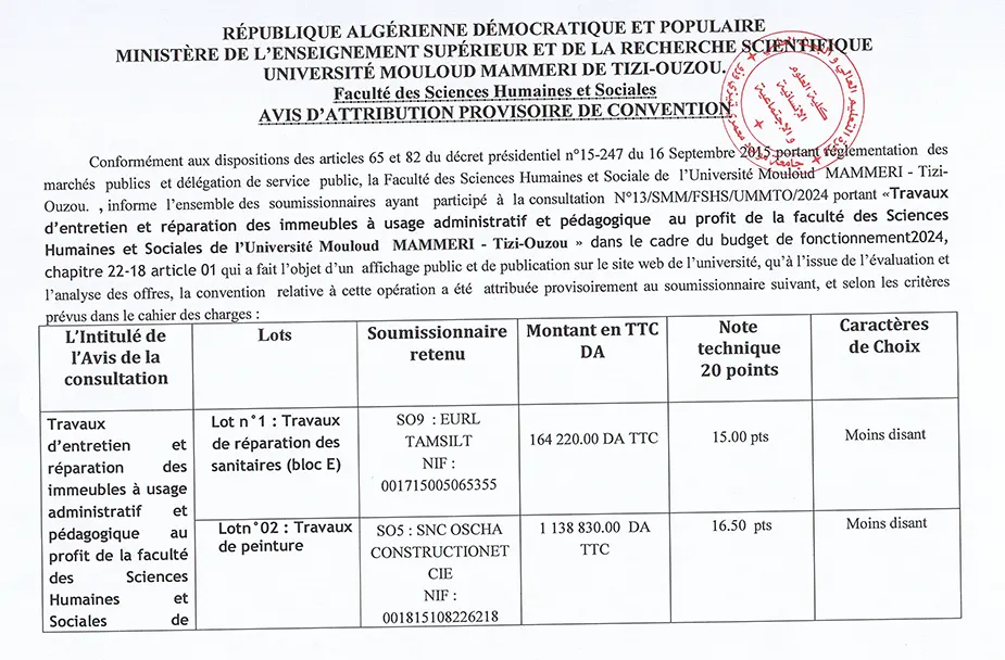 Avis d’attribution n°13/FSHS/UMMTO/2024