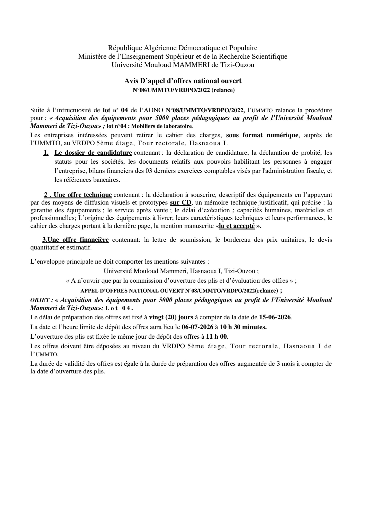 Appel d'offres 08-2022 relance lot04