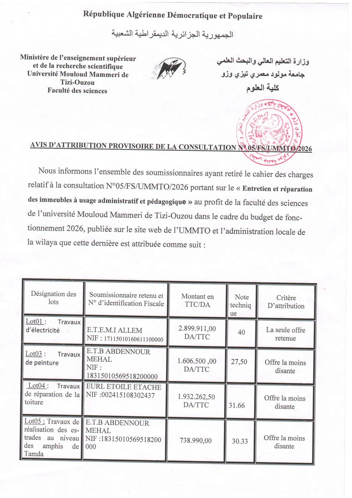 Avis d'attribution Provisoire de la Consultation 5-FS-UMMTO-2026 P1