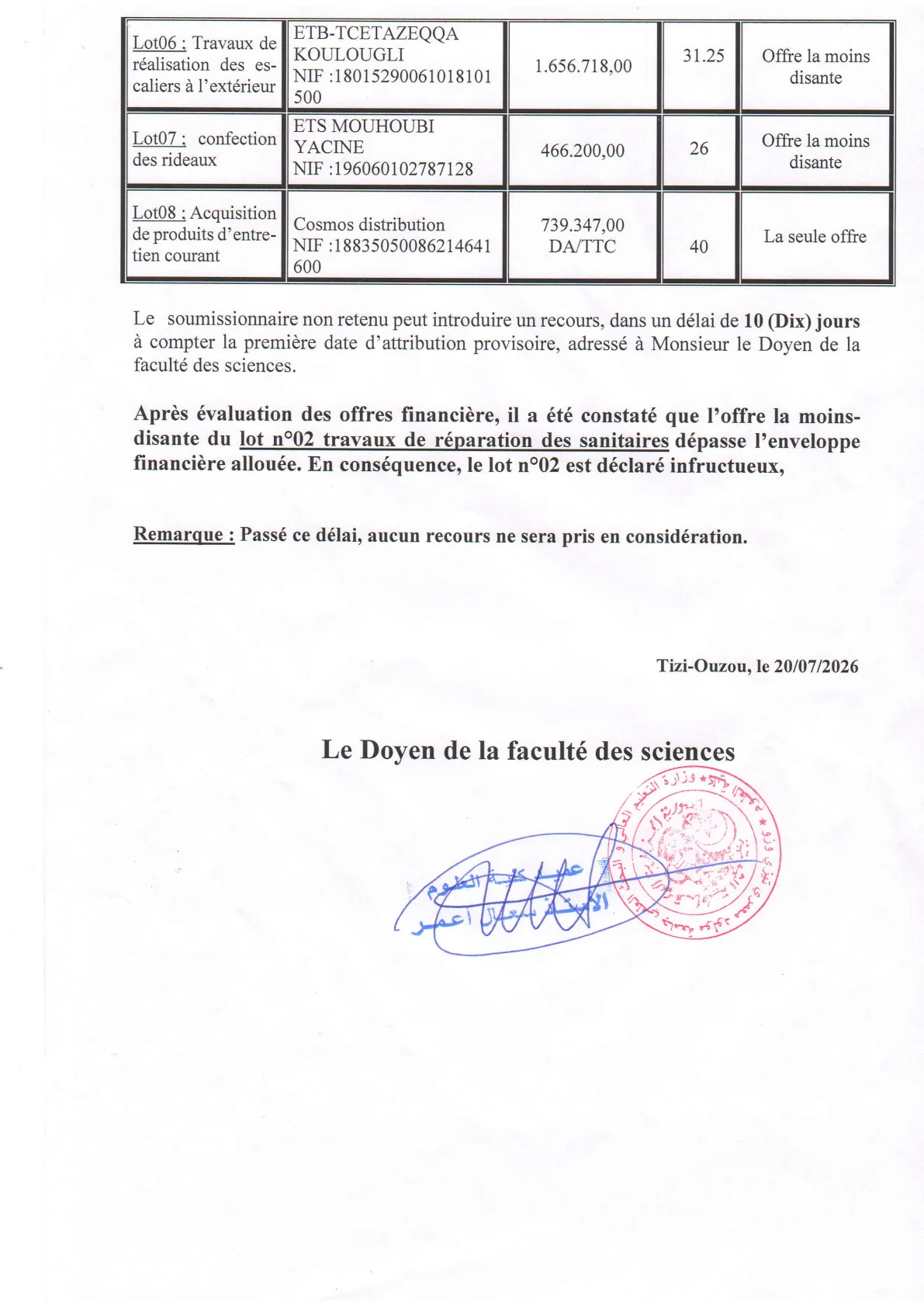 Avis d'attribution Provisoire de la Consultation 5-FS-UMMTO-2026 P2