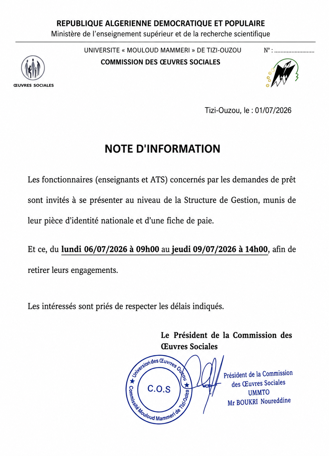 Oeuvres sociales note du 01-07-2026