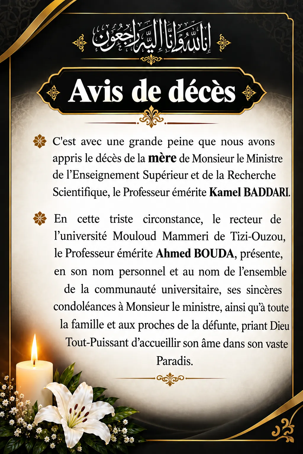 Condoléance-Mère du Ministre ESRS