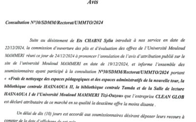 Avis d’annulation n°30/SDMM/UMMTO/2024