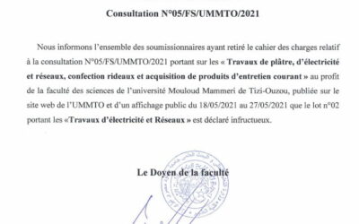 Avis d’infructuosite (Consultation N°05/FS/UMMTO/2021)
