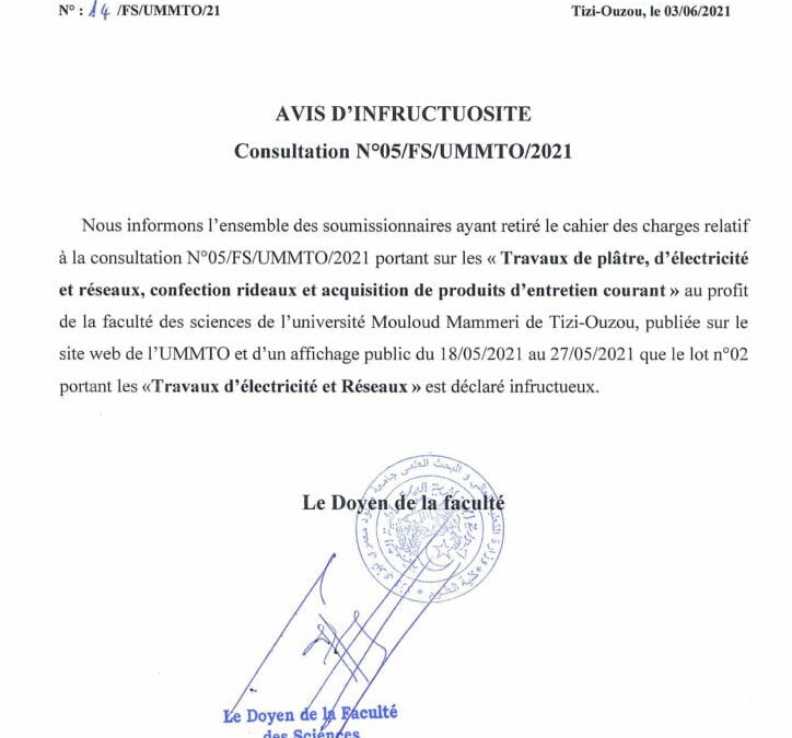 Avis d’infructuosite (Consultation N°05/FS/UMMTO/2021)