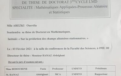 Avis de soutenance de thèse de Doctorat en Mathématique par mlle AREZKI Ouerdia