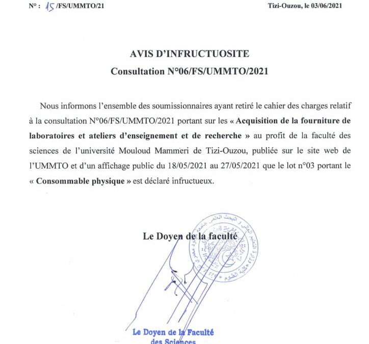Avis d’infructuosite (Consultation N°06/FS/UMMTO/2021)