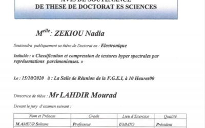 Avis de soutenance de thèse de Doctorat en Électronique de Mlle ZEKIOU Nadia