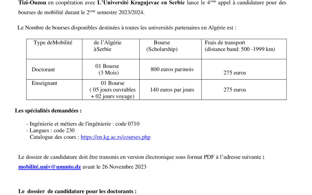 APPEL À CANDIDATURES POUR DES BOURSES DE MOBILITES ERASMUS+ EN PARTENARIAT AVEC L’UNIVERSITÉ