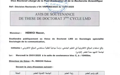 Avis de Soutenance de Thèse de Doctorat LMD de Monsieur HEMICI Nacer