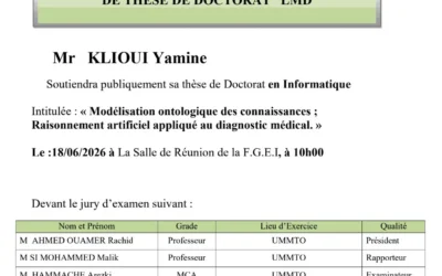 Avis de soutenance de thèse de doctorat LMD en informatique de Monsieur KLIOUI Yamine