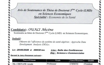 Avis de soutenance de thèse doctorat LMD en sciences économiques de Monsieur OUALI Ahcène