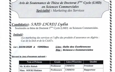 Avis de soutenance de thèse de doctorat LMD en Sciences Commerciales de Mme. SAID LHADJ Lydia