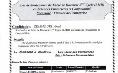 Avis de soutenance de thèse doctorat LMD en sciences financière et comptabilité de la candidate ZEMMOURI Amel