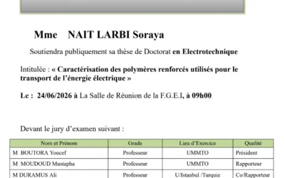 Avis de soutenance de thèse de doctorat LMD en Electrotechnique de Mme NAIT LARBI Soraya