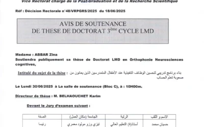 Avis de soutenance de thèse de doctorat LMD en orthophonie  de Mme ABBAR Zina