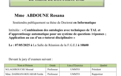 Avis de soutenance de thèse de Doctorat LMD de Mme ABDOUNE Rosana