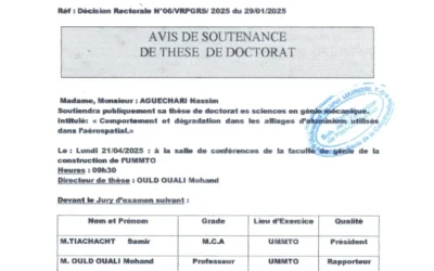 Avis de soutenance de thèse de doctorat en Génie Mécanique de M. AGUECHARI Nassim