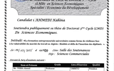 Avis de s𝗼𝘂𝘁𝗲𝗻𝗮𝗻𝗰𝗲 𝗱𝗲 Thèse 𝗱𝗲 𝗗𝗼𝗰𝘁𝗼𝗿𝗮𝘁 LMD en Sciences Economiques de 𝗠𝗮𝗱𝗮𝗺𝗲 AHMEDI Kahina