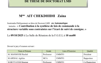 Avis de soutenance de thèse de doctorat LMD en automatique de Mme AIT CHEKDHIDH Zaina
