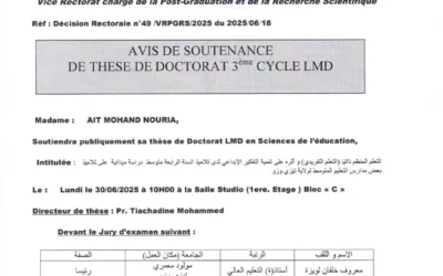 Avis de soutenance de thèse de doctorat LMD en Sciences de l&rsquo;éducation de Mme AIT MOHAND Nouria