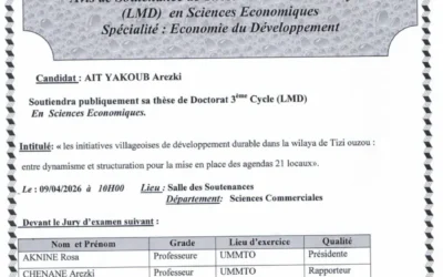 Avis de soutenance de thèse de doctorat LMD en Sciences Economique de Monsieur AIT YAKOUB Arezki