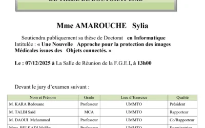 Avis de soutenance de thèse de doctorat LMD en informatique de Madame AMAROUCHE Sylia