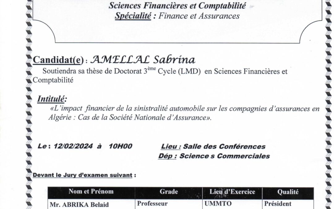 Avis de soutenance Thèse Doctorat LMD Madame Amellal Sabrina