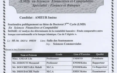 Avis de soutenance de thèse de doctorat LMD en sciences financière et comptabilité de Mme AMEUR Imène