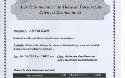Avis de soutenance de thèse de doctorat en sciences économiques de Monsieur AMIAR Habib