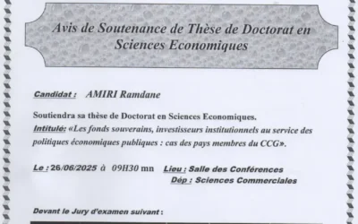 Avis de soutenance de thèse de doctorat en Sciences Economiques de M. AMIRI Ramdane