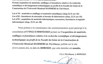 Avis d’annulation de la consultation N°17/FGC/UMMTO/2025