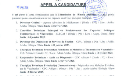 Appel à candidature pour des postes vacants au sein de la Commission de l’Union Africaine (CUA)