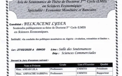 Avis de soutenance de thèse de doctorat LMD en Sciences économiques de Mme BELKACEMI Lydia