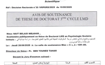 Avis de Soutenance de thèse de doctorat LMD en psychologie scolaire de Mme NAIT BELAID Melkhir