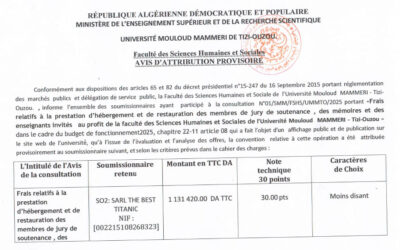 Avis d’attribution provisoire n°01/FSHS/UMMTO/2025