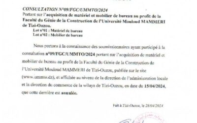 Avis d’Annulation de la Consultation N°09/FGC/UMMT/2024