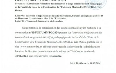 Avis d’Annulation Consultation N°15/FGC/UMMTO/2024