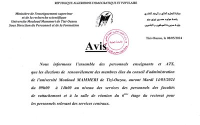 Les élections de renouvèlement des membres élus du conseil d&rsquo;administration de l&rsquo;université Mouloud MAMMERI