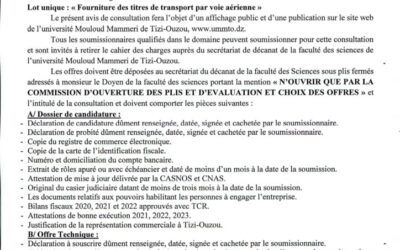 Avis de consultation n°01/FS/UMMTO/2024