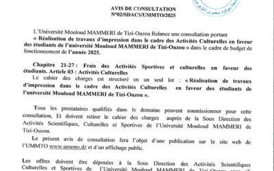 Avis de consultation n°02/SDASCS/UMMTO/2025