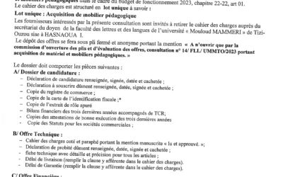 Avis de Consultation n°14/Fll/UMMTO/2023 Chapitre 22-22, article 01