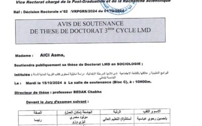 Avis de Soutenance de Thèse de Doctorat LMD de Mme AICI Asma