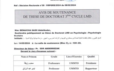 Avis de Soutenance de Thèse de Doctorat  LMD de Mr BENAICHA SAIDI Abdelkader