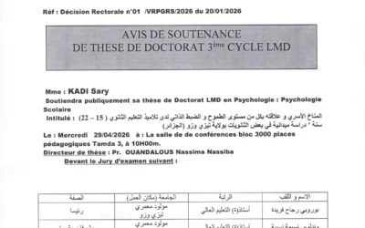 Avis de soutenance de thèse de doctorat LMD en Psychologie scolaire de Mme KADI Sary