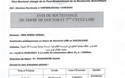 Avis de Soutenance de Thèse de Doctorat LMD de Mme BEN ZERRA Sarah