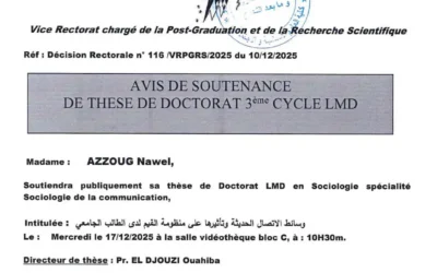 Avis de soutenance de thèse de doctorat LMD en sociologie de Madame AZZOUG Nawel