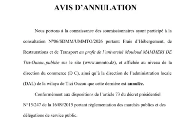 Avis d’annulation de la consultation N°06/SDMM/UMMTO/2026