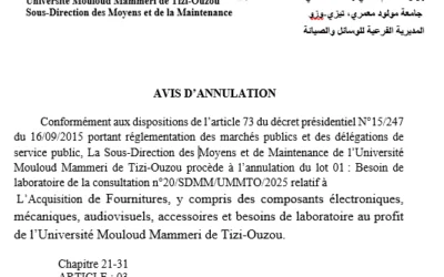 Avis d’annulation de la consultation N°20/SDMM/UMMTO/2025